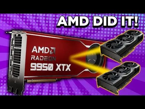 progressive Robot graphic of an AMD Radeon 9950 XTX GPU with two other GPUs and the text "AMD DID IT!"