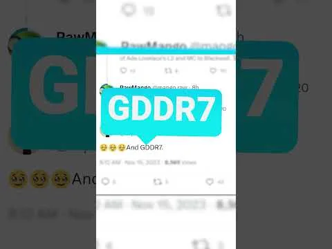 progressive Robot graphic with large text GDDR7 over a blurred social media post in the background