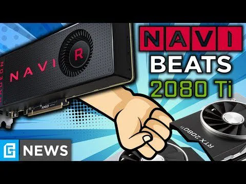 Progressive Robot, graphic comparing Navi GPU to RTX 2080 Ti with bold text “NAVI BEATS 2080 Ti” and a fist.