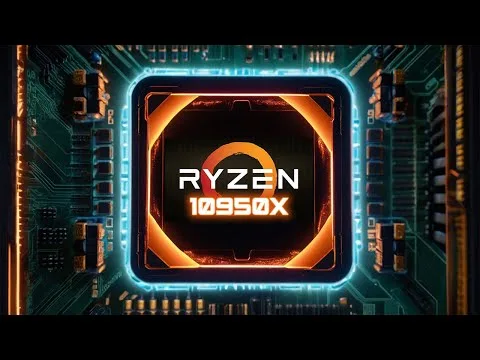 progressive Robot, glowing Ryzen 10950X processor chip centered on a futuristic circuit board background