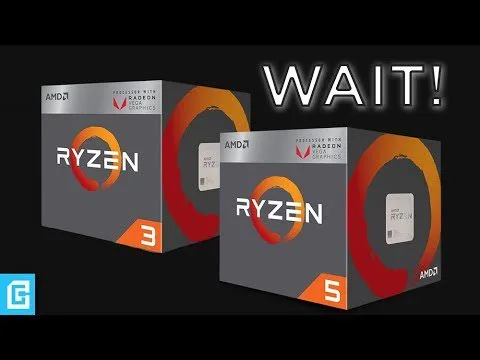 progressive Robot and two AMD Ryzen CPU boxes labeled 3 and 5 with the word WAIT! above them