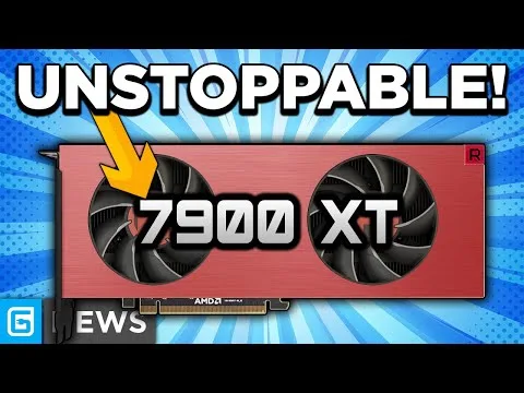 Progressive Robot graphic showing an AMD Radeon 7900 XT with two fans, a yellow arrow, and the headline UNSTOPPABLE!
