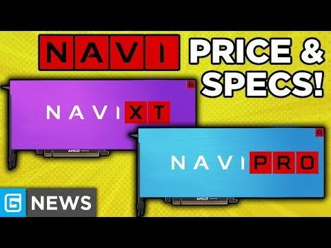 Progressive Robot graphic showing “NAVI PRICE & SPECS!” with Navi XT and Navi Pro GPU cards and a “G NEWS” logo