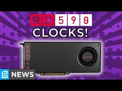 Progressive Robot RX 590 clocks graphic with AMD Radeon GPU and “RX 590 CLOCKS!” text on purple background