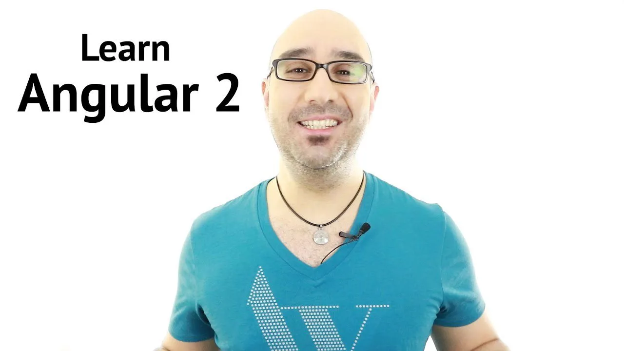 progressive Robot smiling man in glasses beside the text Learn Angular 2 on a white background