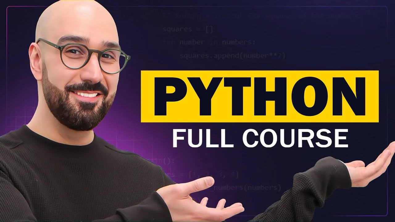 progressive Robot smiling man with glasses gestures toward text “PYTHON FULL COURSE” on a purple code-themed background