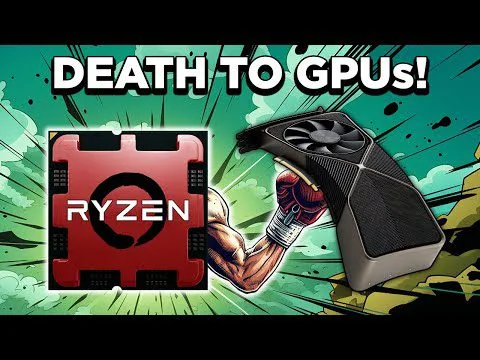 Progressive Robot comic-style graphic with text “DEATH TO GPUs!” showing a Ryzen chip and a GPU being punched