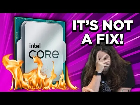 progressive Robot Intel Core CPU on fire beside a person facepalming, with text “IT’S NOT A FIX!”