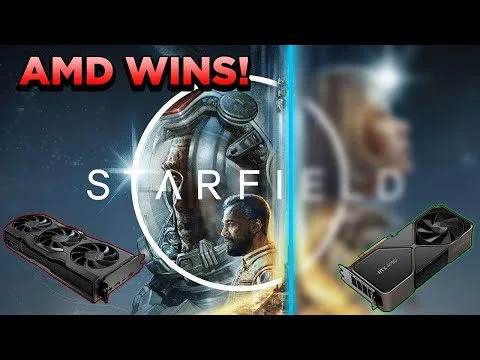 progressive Robot, graphic saying AMD WINS! with Starfield astronaut art and two AMD graphics cards on either side