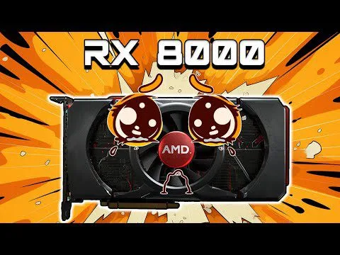 progressive Robot cartoon character with big eyes in front of an AMD graphics card, with “RX 8000” text above on orange burst background