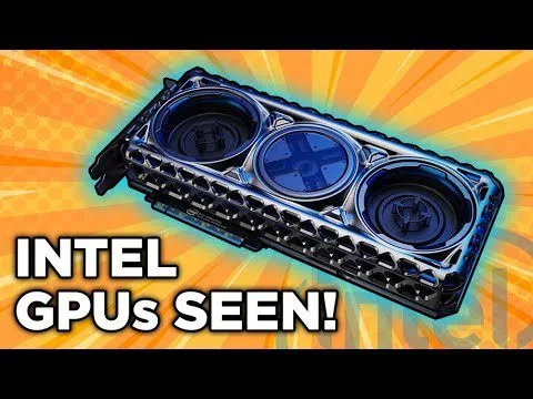 Progressive Robot, stylized Intel graphics card with three fans over orange burst background and text “INTEL GPUs SEEN!”