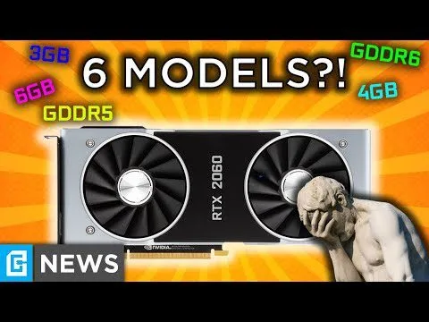 Progressive Robot graphic showing RTX 2060 GPU, “6 MODELS?!” and memory labels GDDR5/6GB, 3GB, GDDR6/4GB, plus facepalm statue.