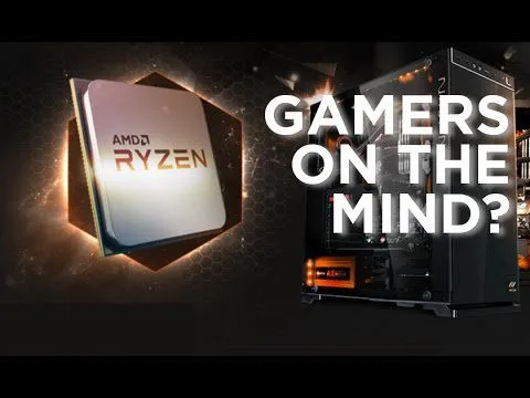 Progressive Robot, AMD Ryzen processor chip next to a gaming PC tower with text "GAMERS ON THE MIND?"