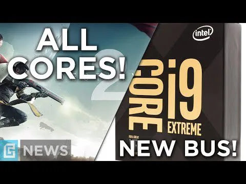 progressive Robot thumbnail with text "ALL CORES!" and "i9 CORE EXTREME NEW BUS!" alongside Intel logo and a skier graphic