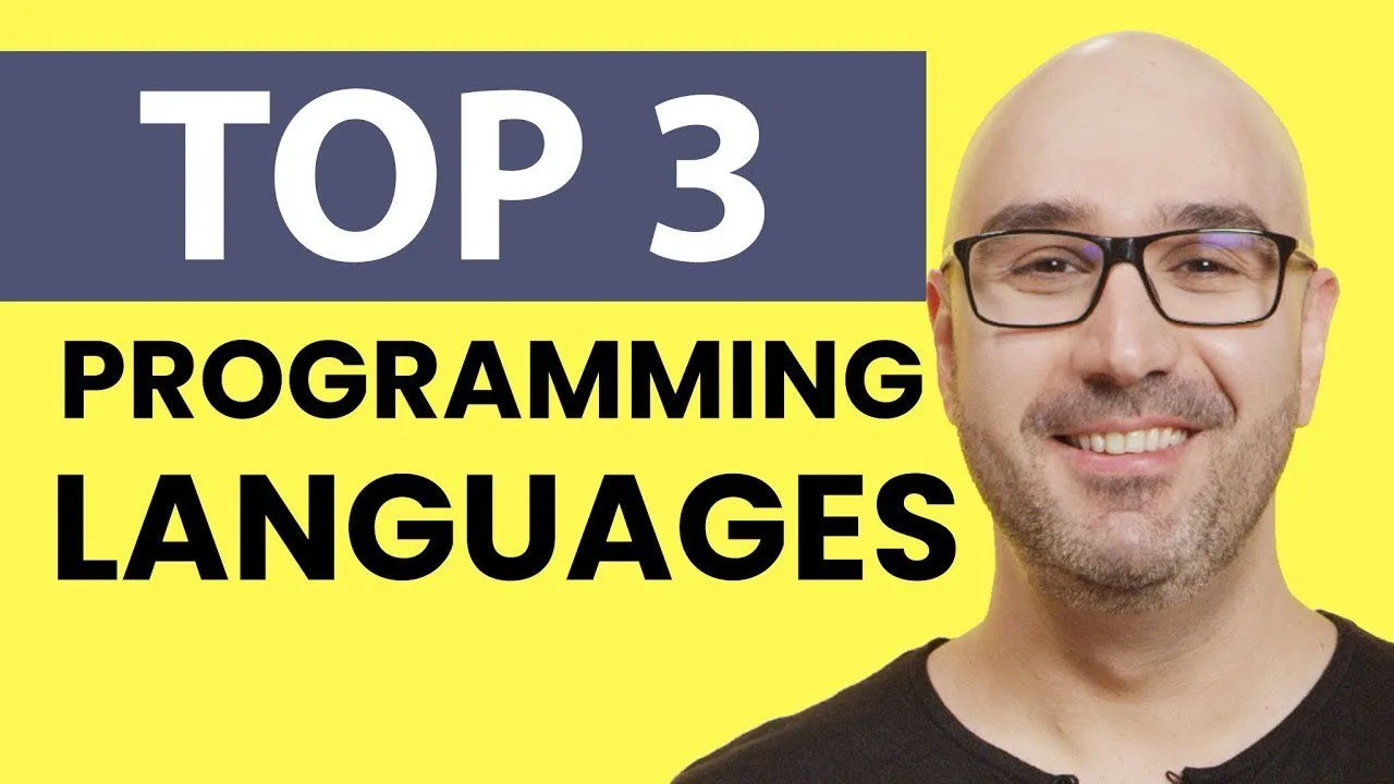 Progressive Robot, banner reading “Top 3 Programming Languages” with a smiling bald man wearing glasses on a yellow background