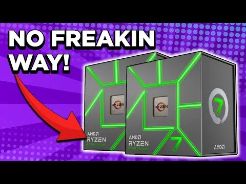Progressive Robot graphic with bold text “NO FREAKIN WAY!” and a red arrow pointing to AMD Ryzen 7 boxes on a purple background