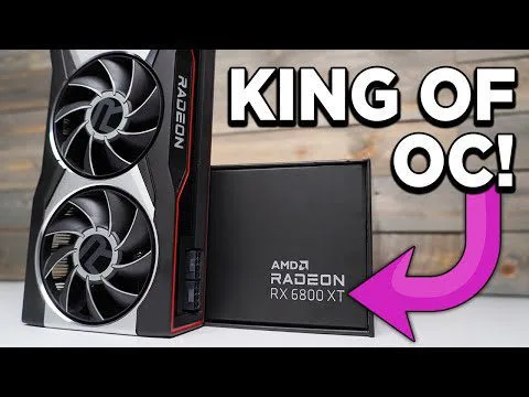 progressive Robot AMD Radeon RX 6800 XT graphics card and box with “KING OF OC!” text and purple arrow pointing to it