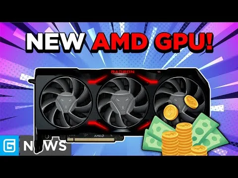 progressive Robot, graphic of a new AMD GPU with three fans, bold text “NEW AMD GPU!”, and stacks of coins and cash