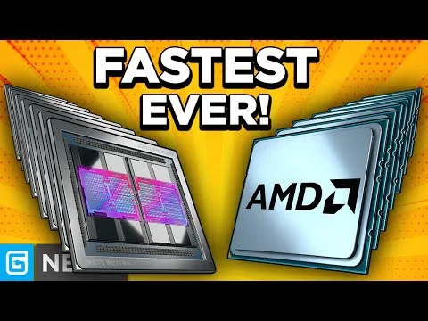Progressive Robot, text “FASTEST EVER!” above two CPU chips, one showing a die graphic and the other with the AMD logo.