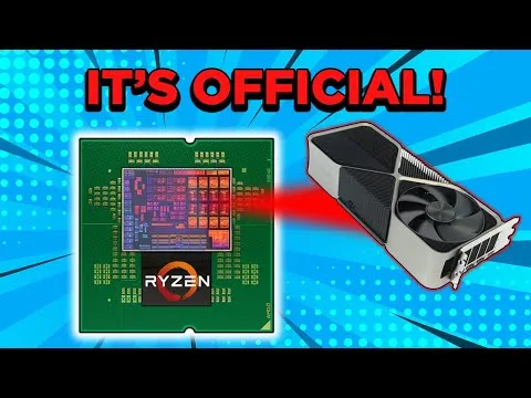 progressive Robot cartoon graphic of a Ryzen chip and GPU with “IT’S OFFICIAL!” text on a blue halftone background