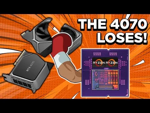 progressive Robot cartoon GPU and CPU facing off with text “THE 4070 LOSES!” on an orange burst background