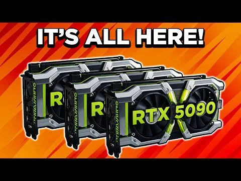 progressive Robot three RTX 5090 graphics cards with “IT’S ALL HERE!” text on orange striped background