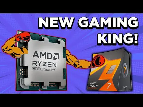 Progressive Robot holding an AMD Ryzen 9000 Series CPU with text “NEW GAMING KING!” and a Ryzen 7 box on the right.