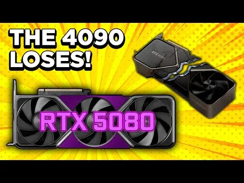 Progressive Robot, RTX 5080 graphics card with text THE 4090 LOSES! on a yellow background and a smaller RTX 4090 shown above