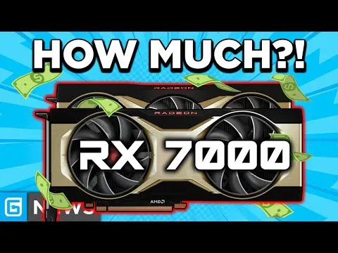 progressive Robot graphic card RX 7000 with text HOW MUCH?! and floating dollar bills on blue background