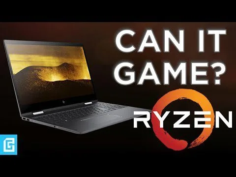 progressive Robot, gaming laptop beside text “CAN IT GAME?” and Ryzen logo on dark background
