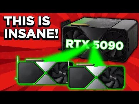 progressive Robot YouTube-style graphic with text “THIS IS INSANE!” and “RTX 5090,” showing three green-outlined graphics cards.