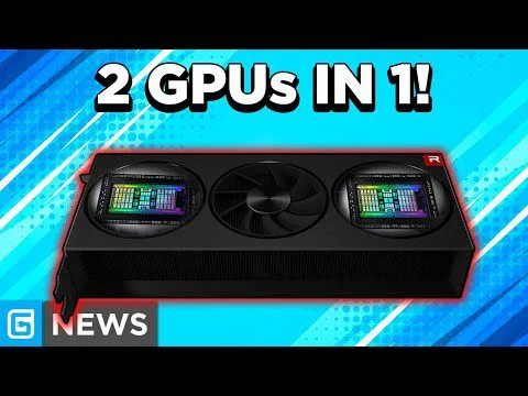 Progressive Robot: graphic of a dual-GPU card with three fans and headline text "2 GPUs IN 1!" on a blue background.