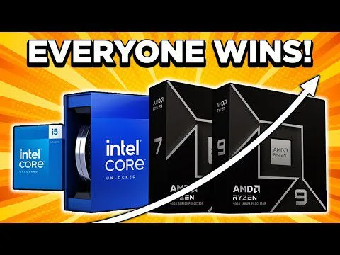 progressive Robot graphic with Intel Core and AMD Ryzen processor boxes under “EVERYONE WINS!” and a rising arrow