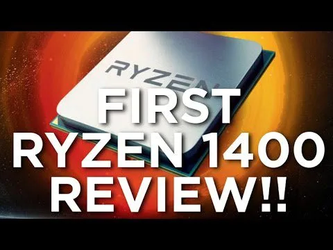 progressive Robot, AMD Ryzen processor chip with bold text: FIRST RYZEN 1400 REVIEW!!