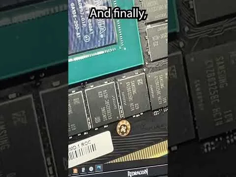 Progressive Robot, close-up of a computer motherboard with memory chips and the overlaid text And finally.