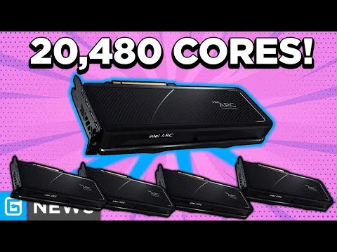 progressive Robot graphic showing Intel ARC GPUs with headline text 20,480 CORES! on a pink burst background