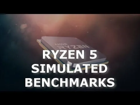 progressive Robot, Ryzen 5 processor chip with large text reading RYZEN 5 SIMULATED BENCHMARKS on dark background