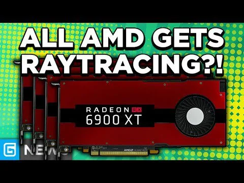 progressive Robot banner reading ALL AMD GETS RAYTRACING?! above a red Radeon RX 6900 XT graphics card on a dotted background