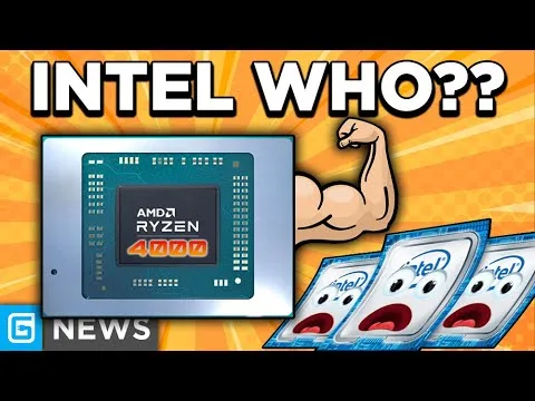 Progressive Robot, thumbnail with AMD Ryzen 4000 chip, “INTEL WHO??” text, flexing arm, and sad Intel logos on orange burst background