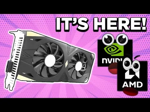 Progressive Robot graphic card thumbnail with “IT’S HERE!” text, NVIDIA and AMD logos with cartoon eyes on pink background