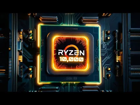 progressive Robot glowing microchip with Ryzen 10,000 text on a futuristic circuit board background