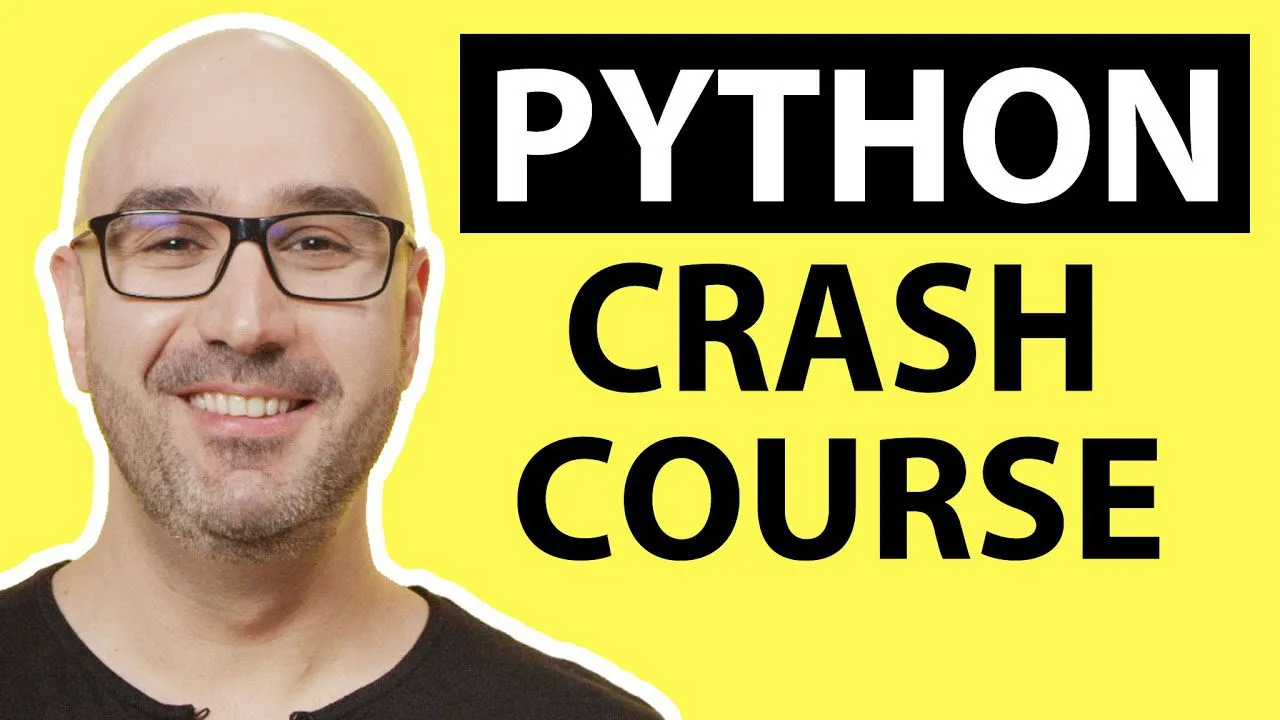 Progressive Robot: Smiling bald man in glasses beside bold text “PYTHON CRASH COURSE” on a yellow background.