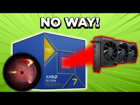progressive Robot, graphic of AMD Ryzen 7 CPU box with red arrow pointing to a triple-fan graphics card and text “NO WAY!”