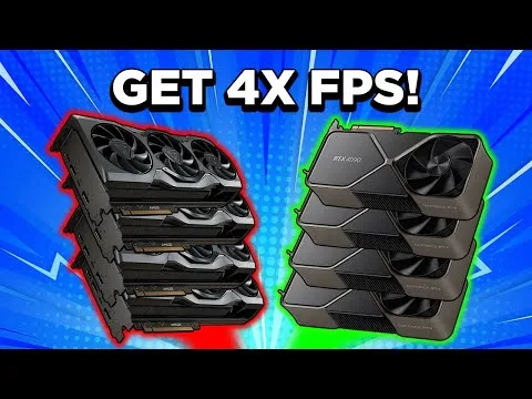 Progressive Robot, two stacks of graphics cards with text “GET 4X FPS!” on a blue burst background