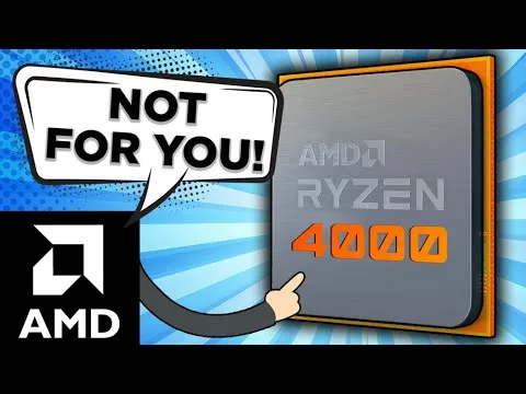 progressive Robot pointing at AMD Ryzen 4000 chip with speech bubble saying Not for you! and AMD logo on the left