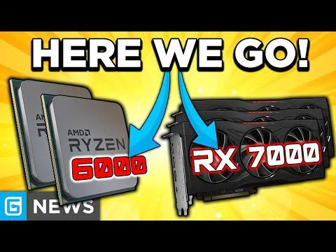 Progressive Robot, headline "HERE WE GO!" above AMD Ryzen 6000 chip and RX 7000 graphics card with blue arrows.
