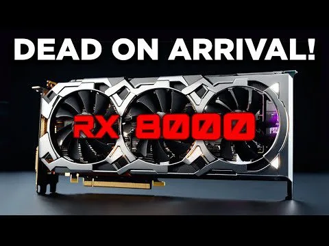 Progressive Robot, graphics card with three fans and red “RX 8000” text under the headline “DEAD ON ARRIVAL!”