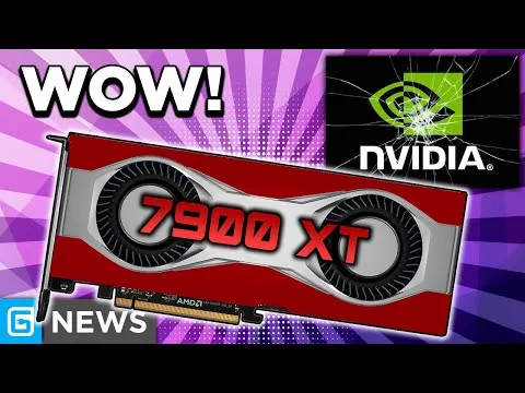 progressive Robot graphic of an AMD Radeon 7900 XT card with “WOW!” text and a cracked NVIDIA logo on a purple background
