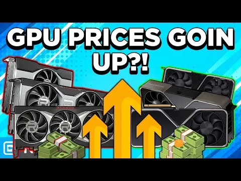 progressive Robot, thumbnail with text "GPU PRICES GOIN UP?!" above graphics cards, cash stacks, and upward arrows