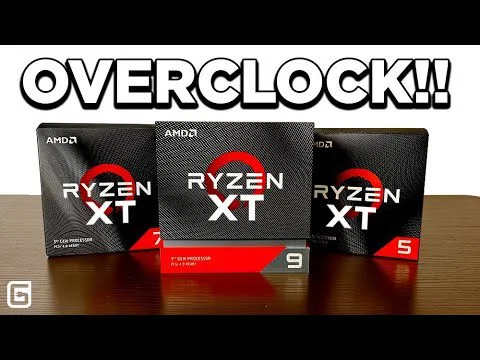 progressive Robot at the start OVERCLOCK!! above three AMD Ryzen XT processor boxes on a wooden table, labeled 5 and 9